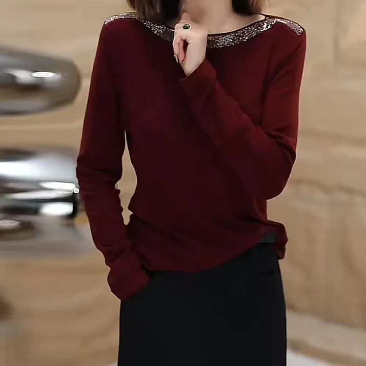 2025早秋新款重工奥钻长袖T恤女气质显瘦打底上衣潮流洋气时尚潮