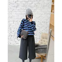 唐悠悠mgdm】柔肤棉蓝色条纹圆领上衣女秋宽松显瘦打底衫针织T恤