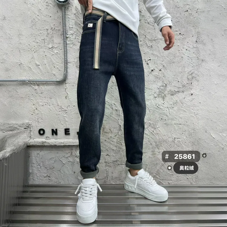 冬季新款加绒加厚水洗小直筒男时尚百搭弹力牛仔长裤 25861带腰带