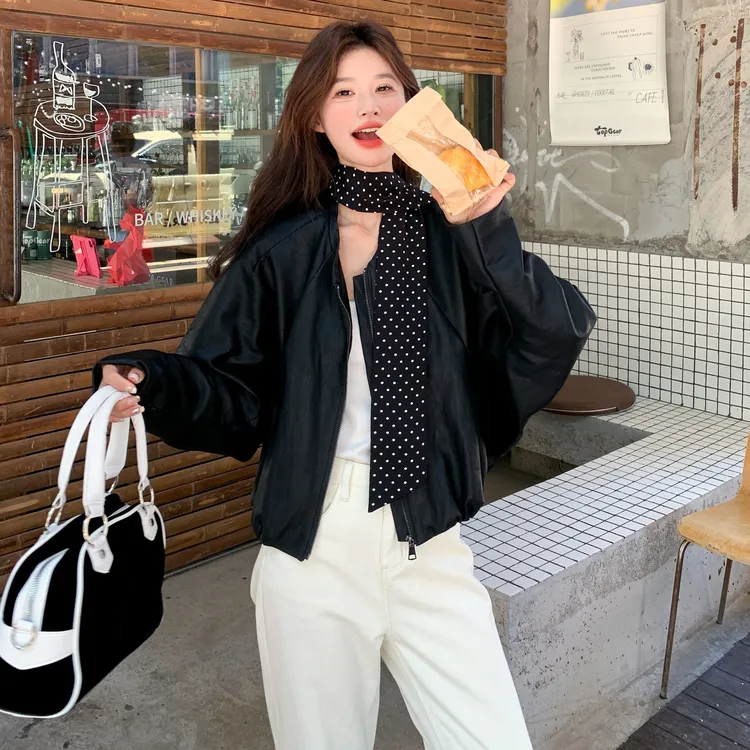 黑色高级感酷飒风短款皮衣外套女2025秋季波点飘带设计感时尚夹克