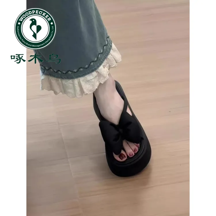 啄木鸟法式厚底增高凉鞋女2025夏季新款温柔仙女风蝴蝶结一字拖鞋