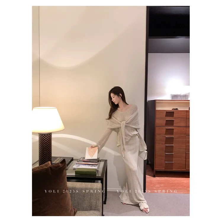 【橙焦专属】莱赛尔亚麻镂空针织精致优雅的一整套法式度假风套装套装6861#
