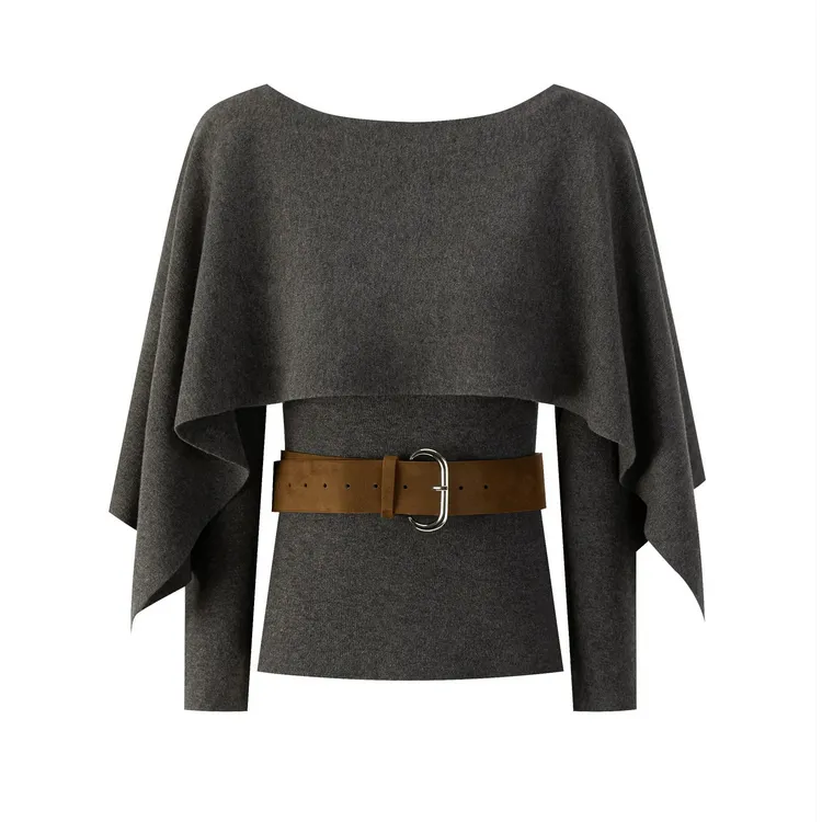 羊城故事-韩系一字肩毛针织衫女配皮带纯欲露肩修身上衣2708