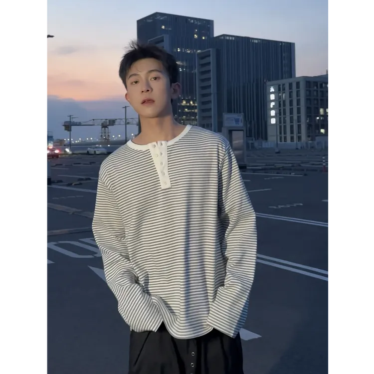 条纹亨利领长袖T恤男女秋季新款宽松休闲简约通勤复古基础款上衣