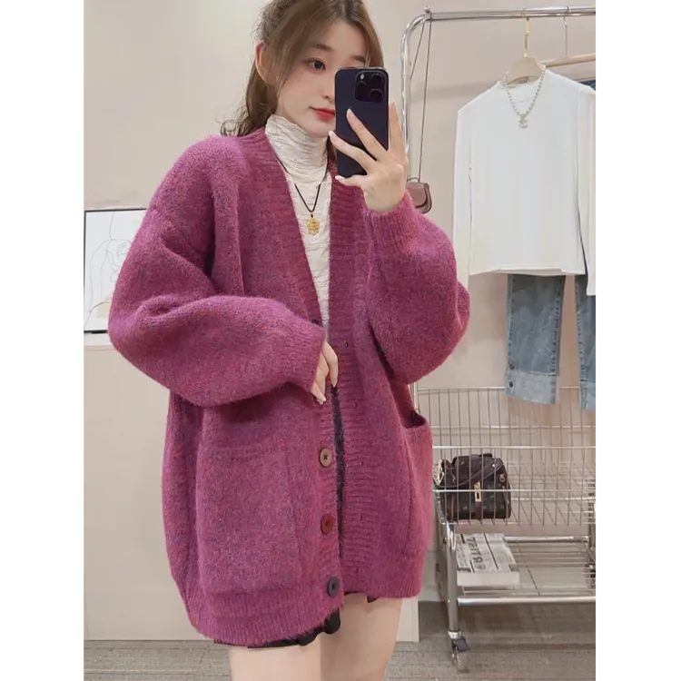 【钱夫人原版】羊毛混纺软糯加厚慵懒风显瘦中长款针织开衫秋冬外套
