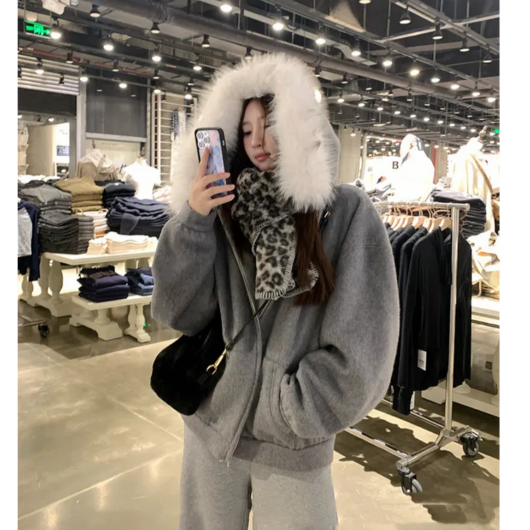 【舒适区】休闲宽松连帽毛领毛呢卫衣新款秋冬外套女加厚8160#