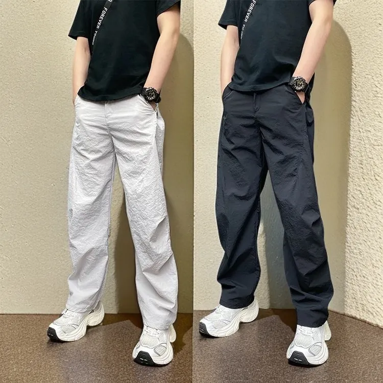 品质夏季薄款纯色百搭松紧腰痞帅时尚简约青年男士休闲直筒阔腿裤