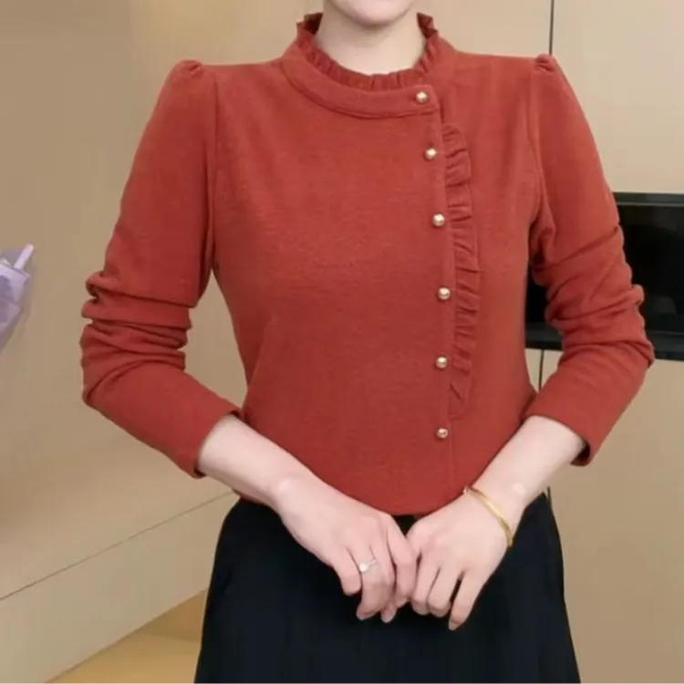 冬季上新时尚双面绒上衣木耳边减龄显瘦洋气长袖气质百搭衬衫8998
