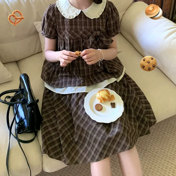 甜美可爱复古蝴蝶结娃娃衫格纹半身裙套装裙女夏两件套9281
