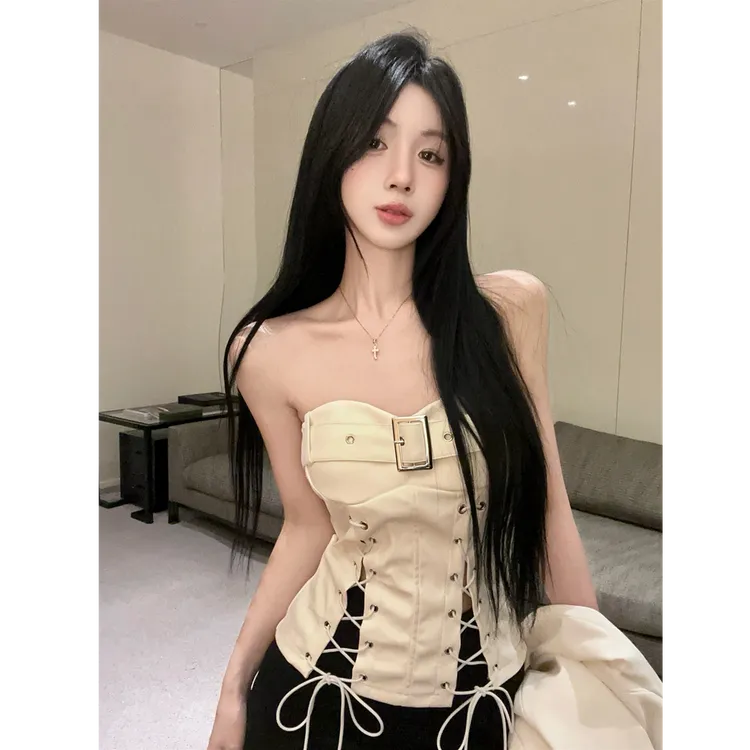 纯欲性感辣妹绑带开叉收腰抹胸背心系带裹胸上衣女配显瘦休闲裤