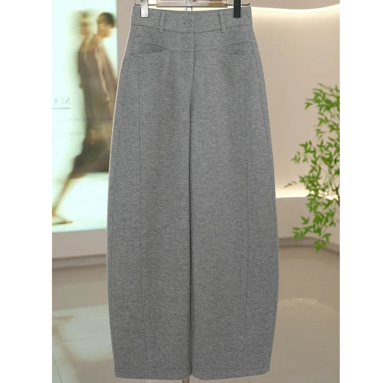 雅鹿加厚软糯毛呢阔腿弯刀裤女2025秋冬新款潮流显瘦宽松直筒裤子