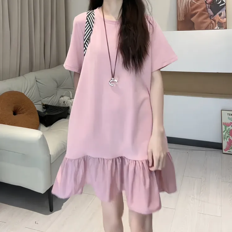 夏季时尚气质甜美连衣裙显瘦少女风甜美风纯色宽松显瘦女士鱼尾裙