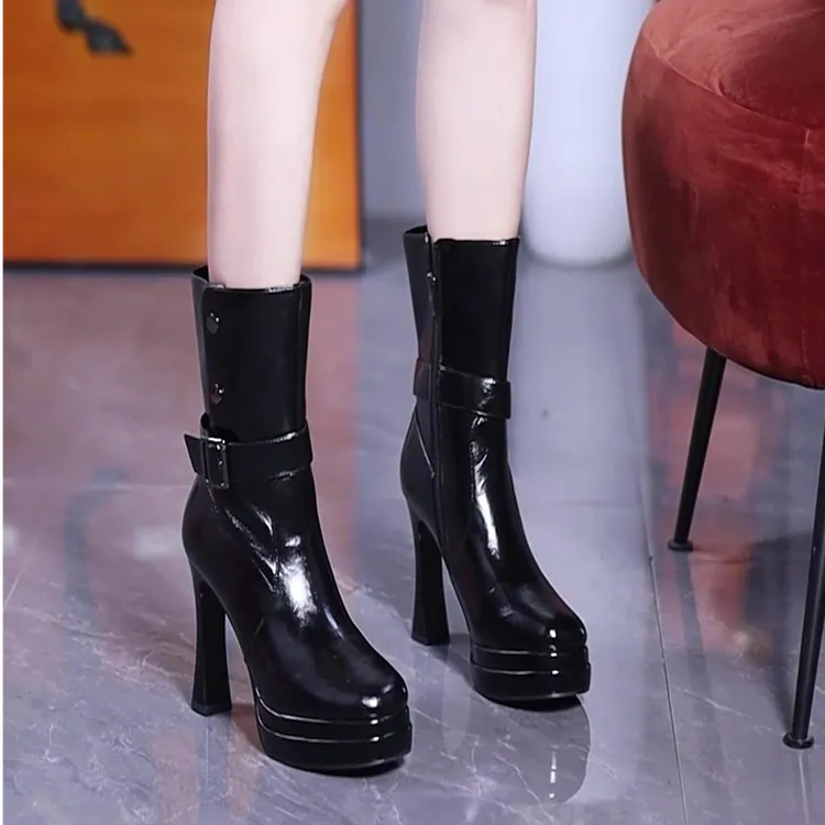 11cm超高跟防水台亮皮骑士短靴女2025秋冬百搭米色方头粗跟马丁靴