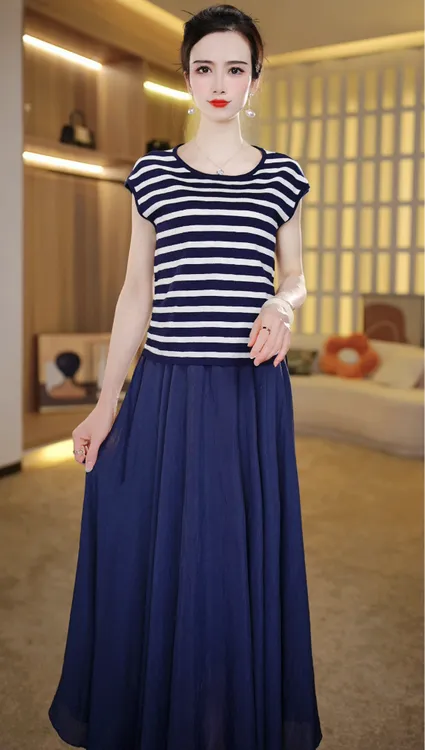 高级感两件套短袖连衣裙女2025春夏新款显瘦时尚气质长裙