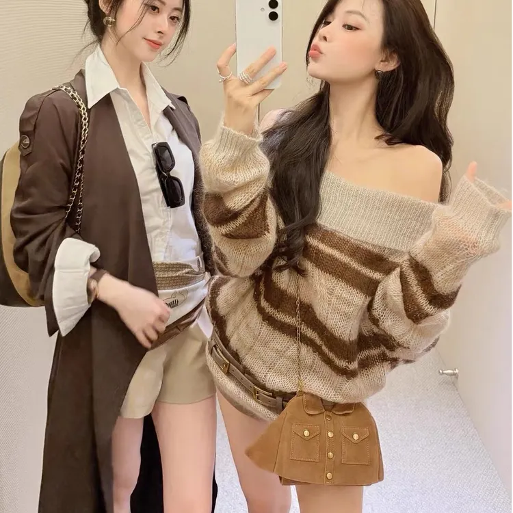 一字肩条纹毛衣女秋冬季2025新款韩系时尚宽松慵懒风超好看针织衫