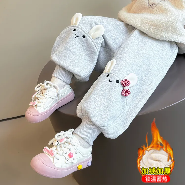 女童加绒裤子秋冬2025新款儿童韩版一体绒束脚裤女宝冬季休闲卫裤