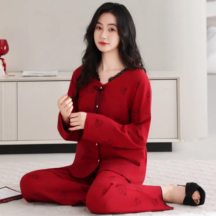 睡衣女款爆款2025新款套装纯棉春秋女士大码红色酒红本命年家居服