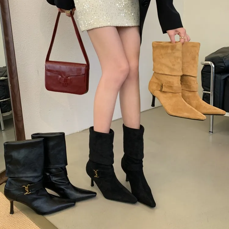 2025年新款秋冬复古中筒靴子女短靴细跟绒面翻折高跟马丁靴瘦瘦靴