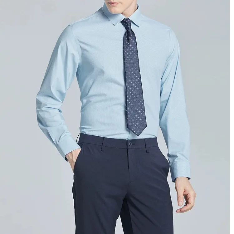 肌理纹路！领口隐藏插片定型！男士商务休闲蓝色净版长袖衬衣-018