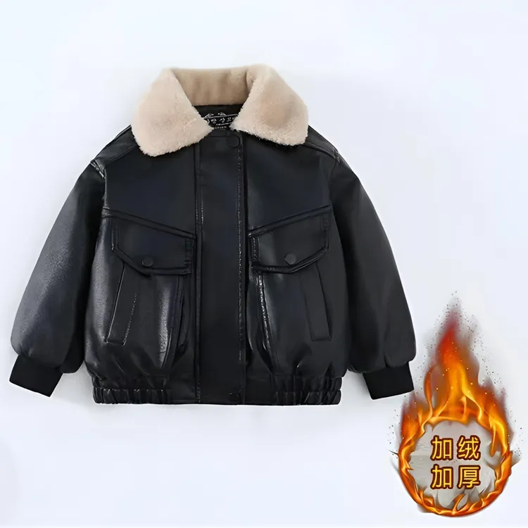 儿童加厚2025新款冬季保暖翻领皮衣韩版洋气男女童休闲加绒皮外套