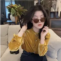  【悦悦专属】秋季鎏金岁月设计木耳边显瘦丝绒衬衣Y993