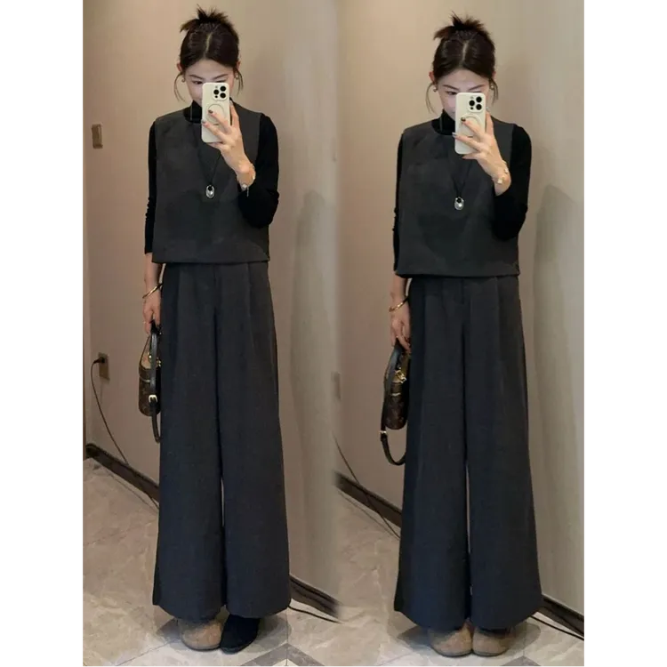 时尚套装女2025秋新款时髦洋气半高领打底衫马甲阔腿裤气质三件套