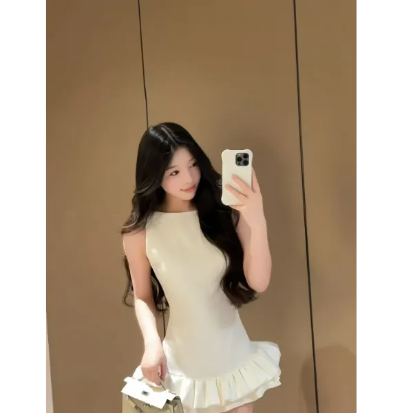 云朵下摆无袖背心裙短款白色天鹅生日party蓬蓬小礼服度假沙滩裙