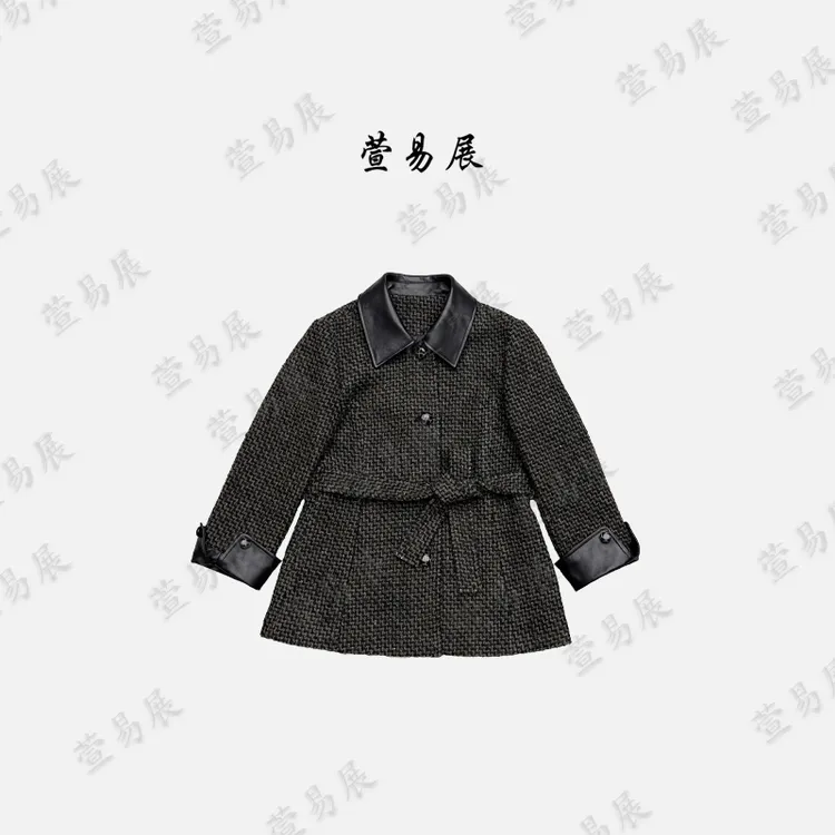 萱易展-“赫尔雾港”羊毛撞色绵羊皮领千鸟格腰带款外套-WT092802