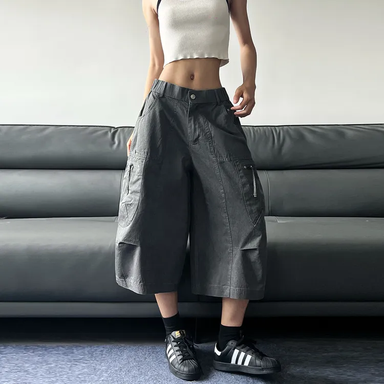 JADEQILIN美式多口袋高级感七分宽松裤机能潮牌复古休闲工装短裤