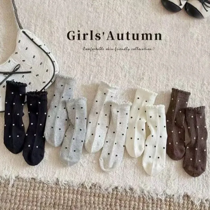 女童袜子秋冬款1-12岁蝴蝶结女宝咖色系点点百搭中筒棉袜