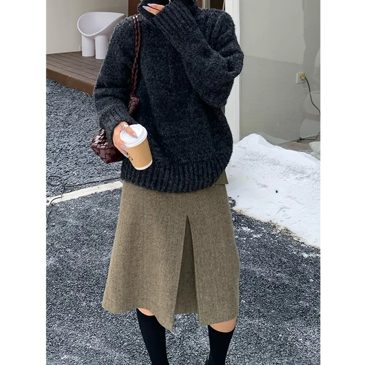 法式小众人字纹毛呢半身裙女冬季新款韩版高腰显瘦百搭A字中长裙