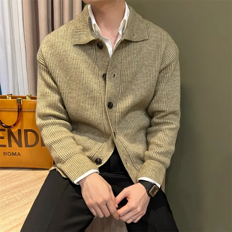 君始轻熟风翻领扣式毛衣开衫粗线休闲宽松落肩款男针织衫小外套
