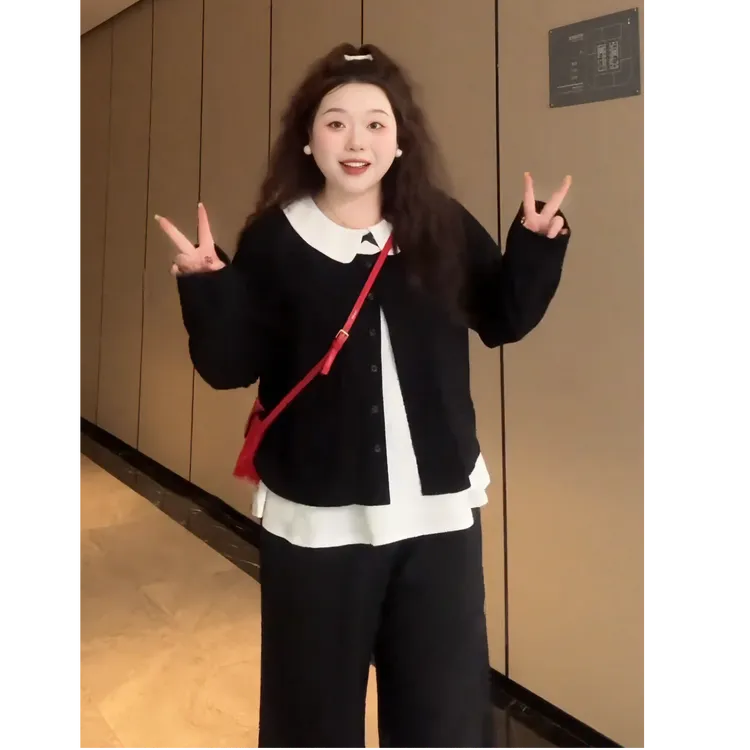 大码秋季新款遮肉显瘦假两件娃娃领T恤女胖mm甜美设计感长袖上衣
