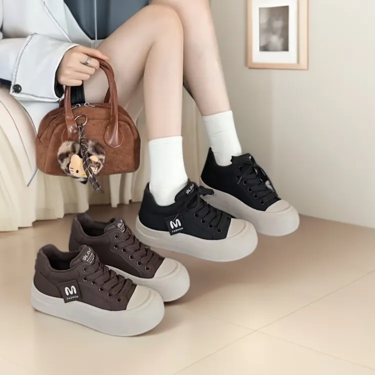 女士韩版加绒帆布鞋交叉绑带增高厚款鞋子系带百搭中跟高帮鞋9639