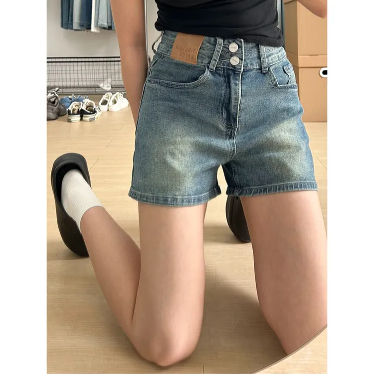 拉夏贝尔高腰直筒牛仔短裤女韩系紧身显瘦小个子百搭a字包臀热裤