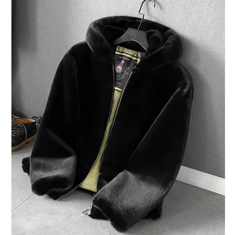 景君澜新款冬季男款仿皮草外套水貂皮大衣修身连帽立翻领休闲加厚