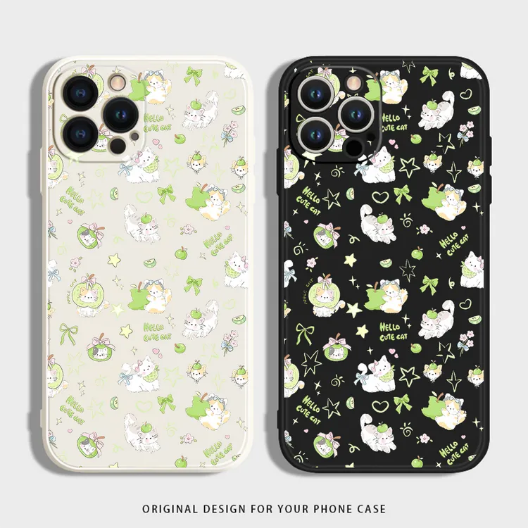 青苹果猫咪适用iPhone15ProMax手机华为VIVO荣耀防摔OPPO硅胶套