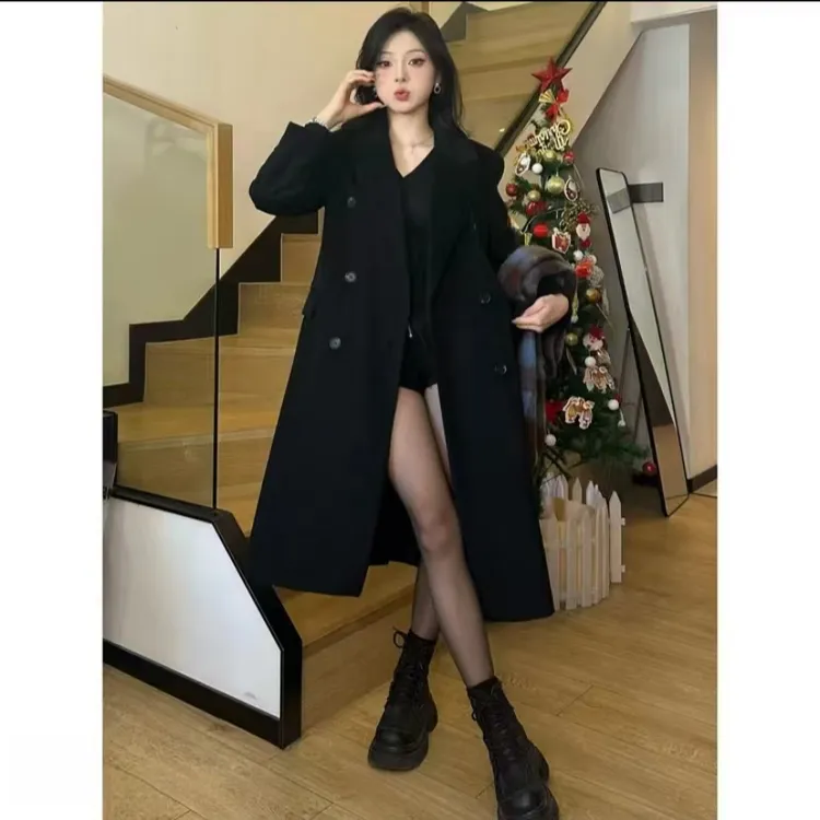 毛呢外套网红女装黑色韩版翻领中长款呢大衣百搭常规长款