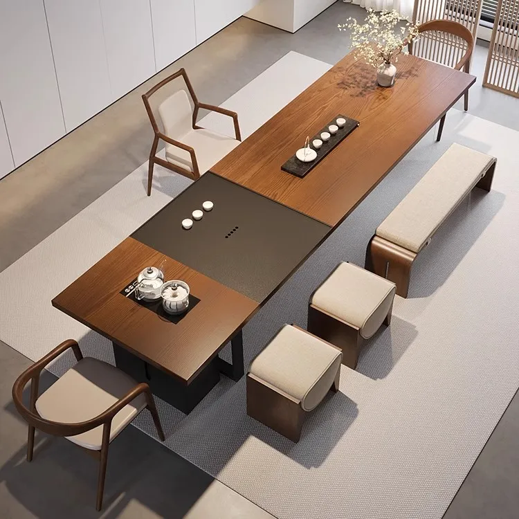 华显胡桃木色实木茶桌办公室书一体两用大型带茶盘内嵌烧水壶茶台