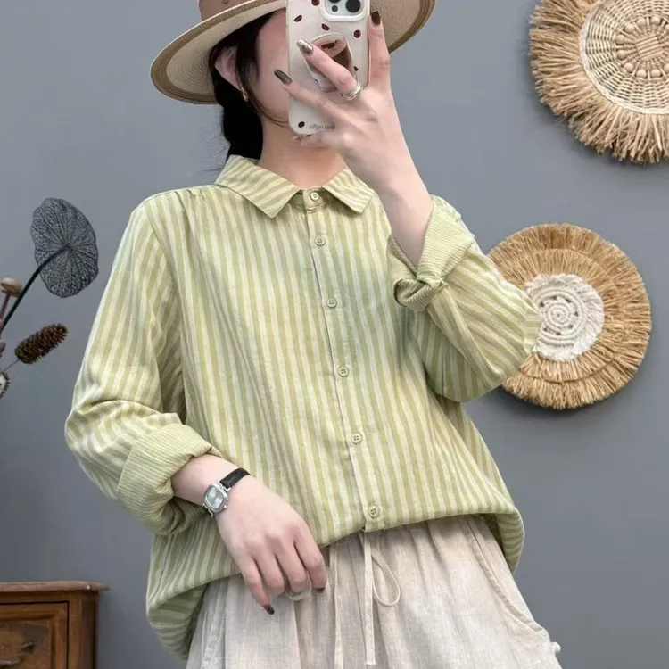 2025春季新款色织宽条纹双层棉纱衬衫女休闲百搭衬衣9531