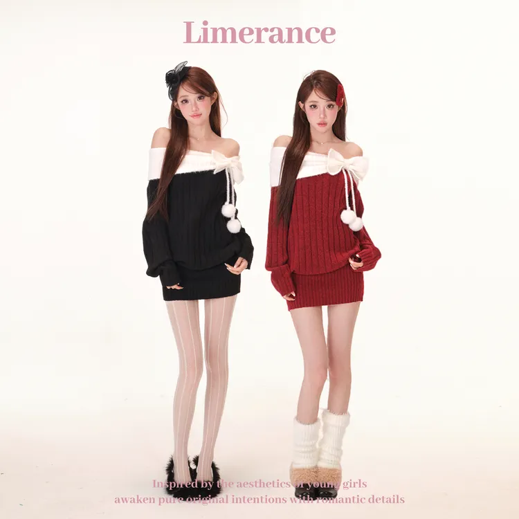 甜梨呆呆雪球绒绒 【圣诞系列】一字肩蝴蝶结毛球氛围感连衣裙秋冬