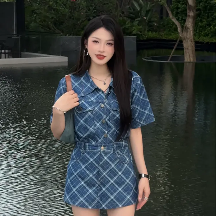 高级感蓝色格纹牛仔气质韩系套装E3016