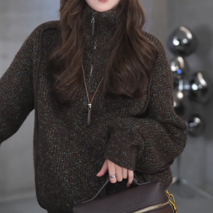 随性半开 复古时尚半拉链高领花纱气质百搭针织上衣毛衣女W1141