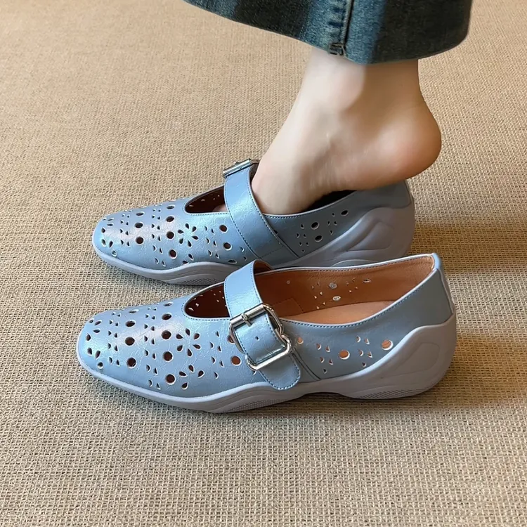 RubyL/6cm春季新款通勤舒适透气百搭休闲平跟纯色深口方头单鞋