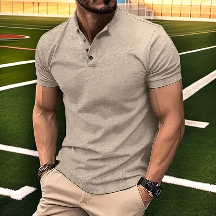 2025商务夏季POLO衫简约修身欧美潮流男士纽扣亨利领运动翻领T恤