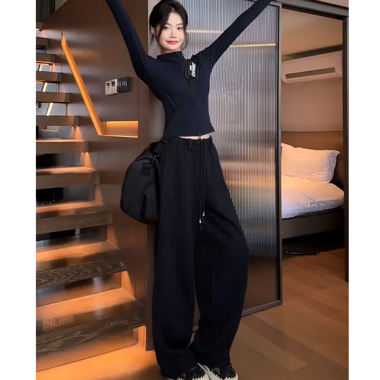 2025秋季设计感拉链立领刺绣长袖开衫上衣T恤+阔腿裤两件套