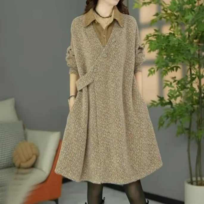 原创设计师款冬季高货欧版加厚保暖假两件宽松遮肉连衣裙打底裙