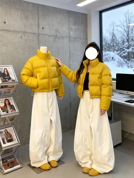 高级感黄色立领棉服外套搭阔腿裤套装女2025年新款冬季一整套穿搭