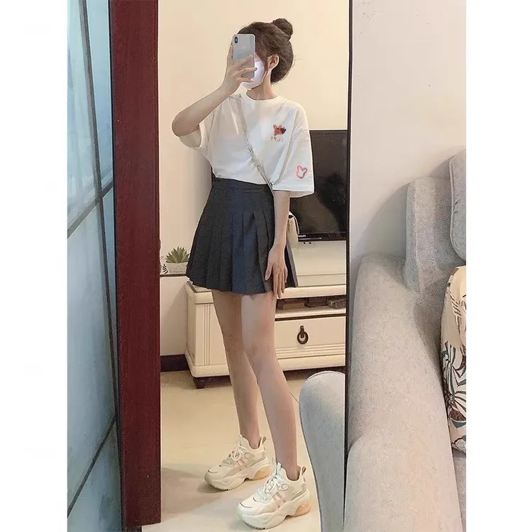 刺绣兔子胖mm遮肚上衣藏肉正肩短袖t恤女2025夏季新款裙子套装