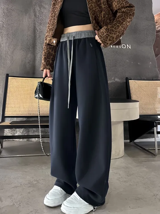 大码美式抽绳拼接弯刀卫裤女胖mm2025秋冬新款高腰休闲阔腿运动裤